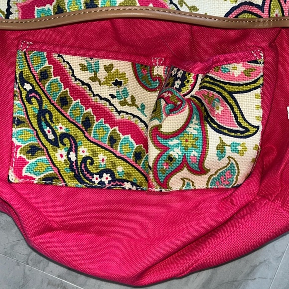 Spartina  Linen natural  shoulder bag   heavy duty  leather trim  hot pink/cream - Picture 15 of 17